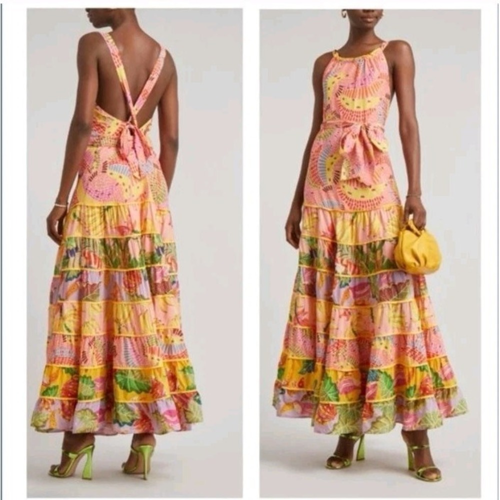 Farm Rio Mixed Prints Halter Neck Maxi Dress Women's L Topical‎ Dopamine - Picture 2 of 7